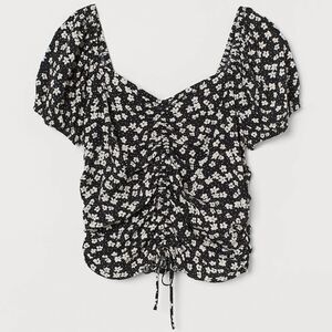 H&M Black and White Floral Ruched Tie Front Short Puff Sleeve Blouse Top